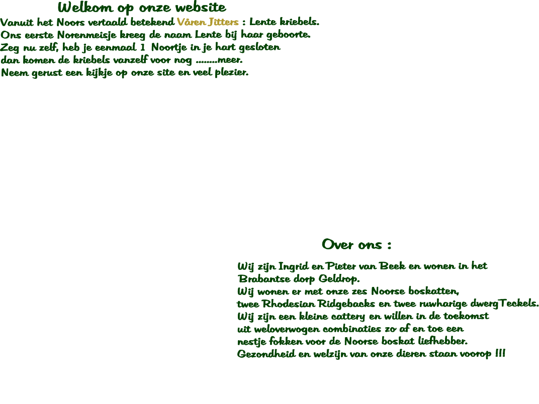 Welkom op onze website                                  Vanuit het Noors vertaald betekend Vren Jitters : Lente kriebels. Ons eerste Norenmeisje kreeg de naam Lente bij haar geboorte. Zeg nu zelf, heb je eenmaal 1 Noortje in je hart gesloten 	 dan komen de kriebels vanzelf voor nog ........meer. Neem gerust een kijkje op onze site en veel plezier.                                                                                                                      Over ons :  						   Wij zijn Ingrid en Pieter van Beek en wonen in het                                  Brabantse dorp Geldrop.   Wij wonen er met onze zes Noorse boskatten,    twee Rhodesian Ridgebacks en twee ruwharige dwergTeckels.   Wij zijn een kleine cattery en willen in de toekomst    uit weloverwogen combinaties zo af en toe een   nestje fokken voor de Noorse boskat liefhebber.   Gezondheid en welzijn van onze dieren staan voorop !!!
